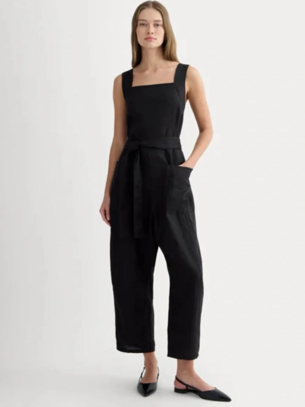 100% Linen Everlane black wide leg romper jumpsuit.3 pocket.Size 14